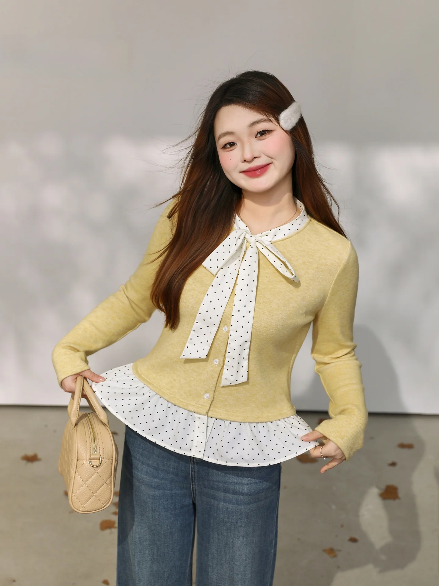 

Slimming Effect Plaid Belted Knitwear Top for plus Size Women Korean Sle Spring Faion Commute Series ort Sve