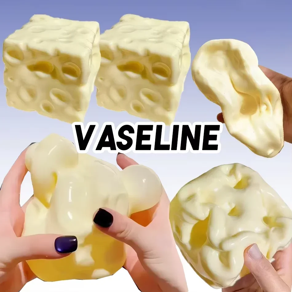 Vaseline Cheese Cube Squishy Toy, Realistic Texture Shapeable Non‑Rebound Squeeze Stress Ball, Desktop Decompression Fidget Toy