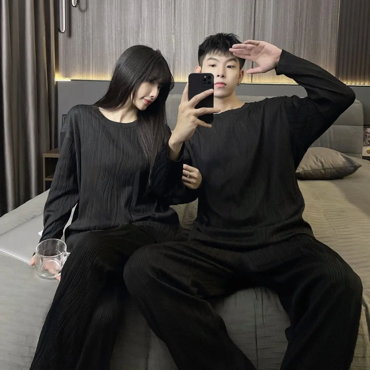 2024 Autumn Couple Pyjamas Women Leisure Wear Simplicity Men Long Sleeve Solid Sleepwear Pajamas Set Women Round Neck Nightwear