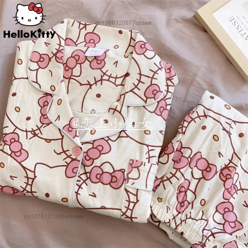 Sanrio Hello Kitty Kawaii Anime Pijamas Set for Women Spring Summer New Kuromi Korean Pyjama Cartoon Y2k Loose Homewear Clothes