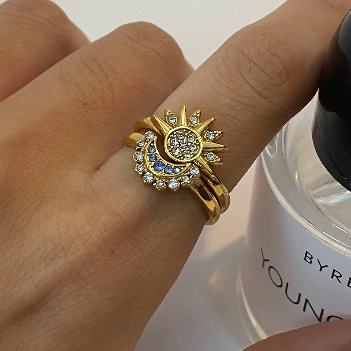 Uworld Fashion Sun Moon Ring Blue Color Zircon Adjustable Ring Stacked Valentine's Day Jewelry Gift for Her