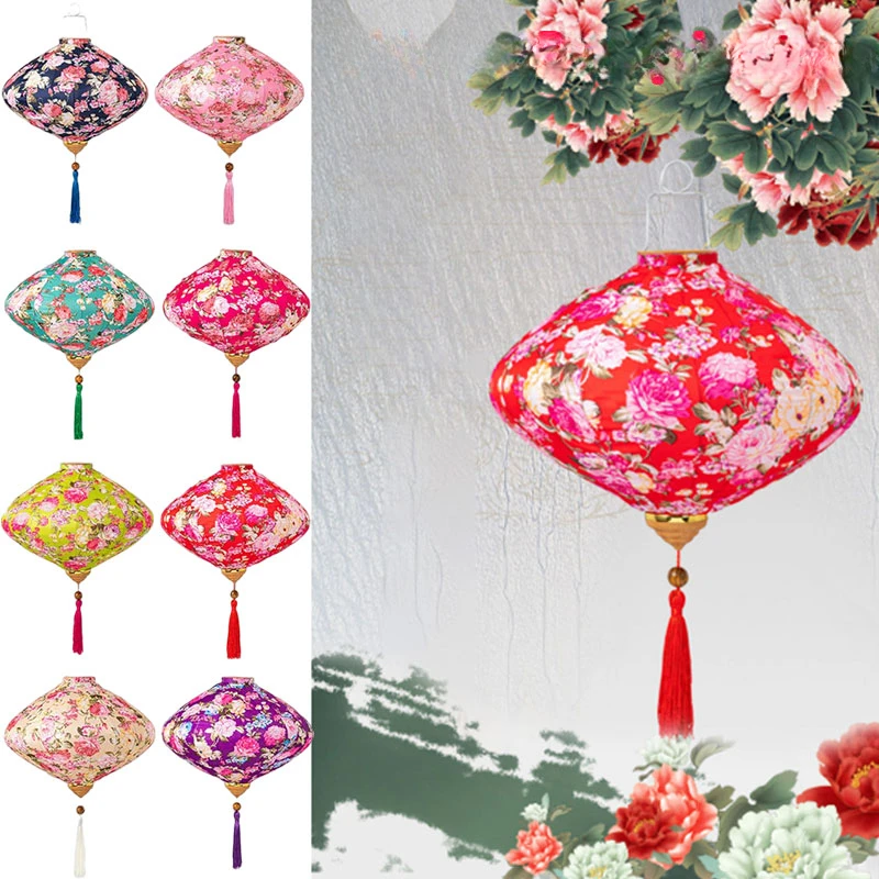 12/14inch Traditional Chinese Lantern Flower Printing Silk Outdoor Waterproof Hang Lamp Wedding Decor New Year Festival Lanterns