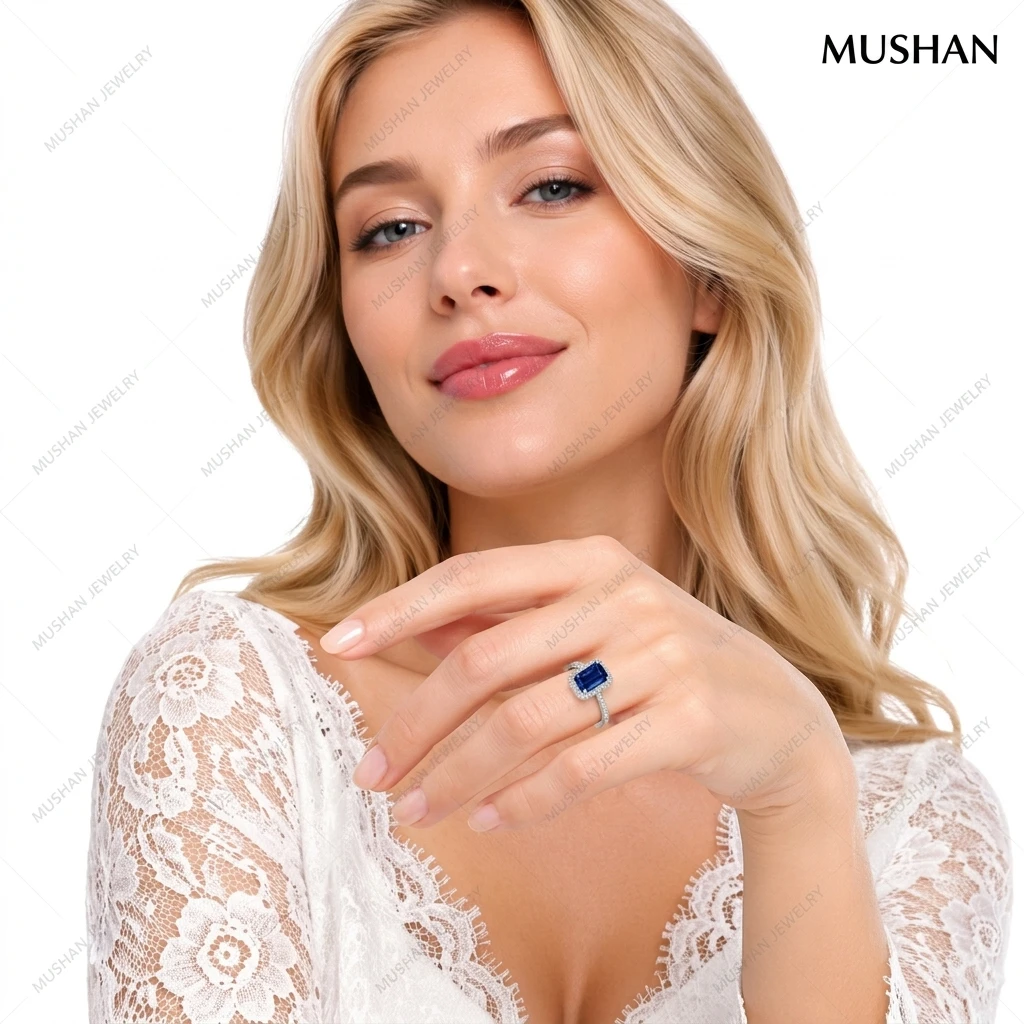 MUSHAN Luxury Jewelry Microset Square Full Diamond Sapphire Ring For Women S925 Silver High Carbon Diamond