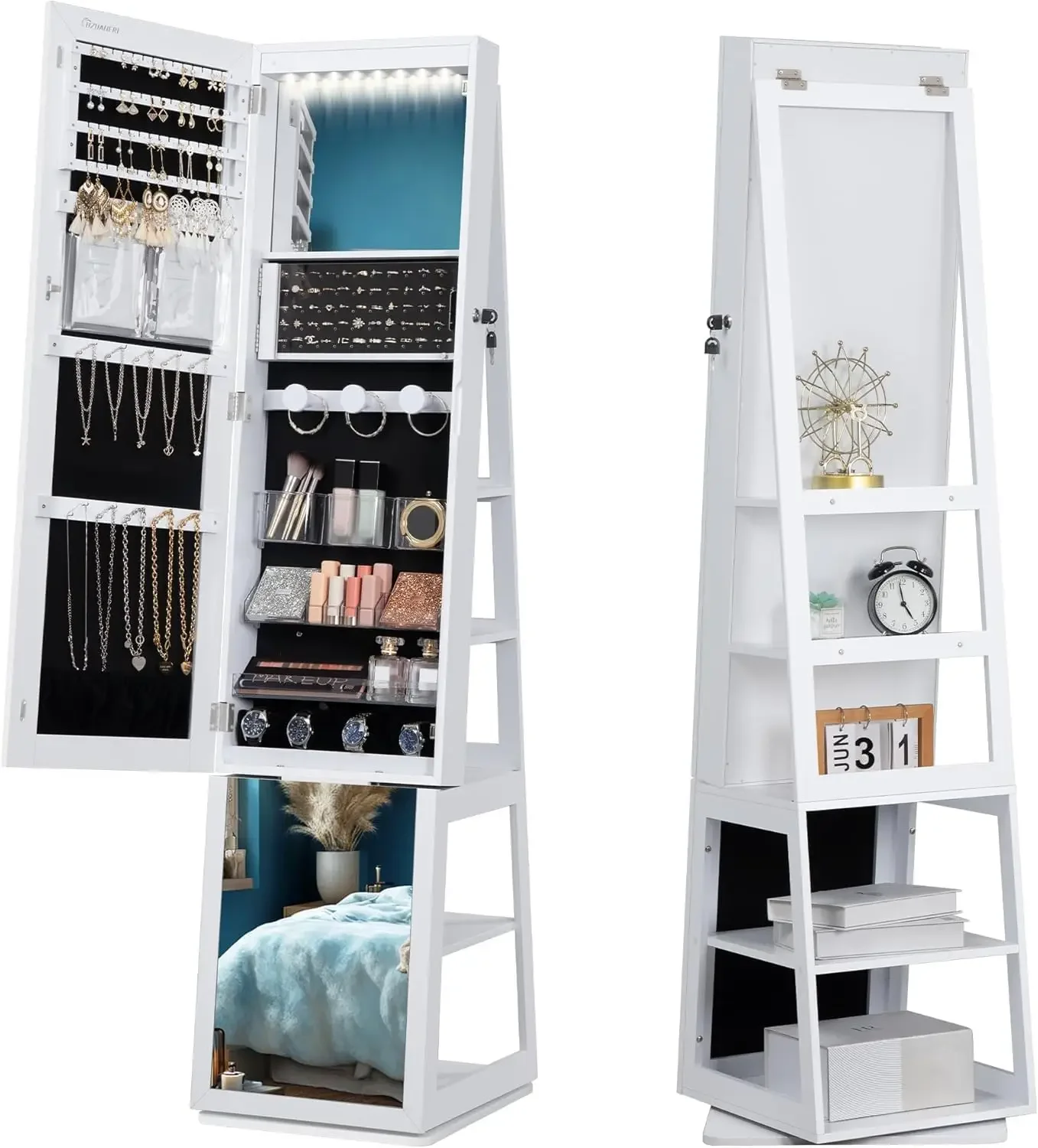 16 LEDs Jewelry Cabinet Armoire, Standing Jewelry Organizer with 360° Rotating Base, Lockable Full-length Mirror, 5-tier Storage