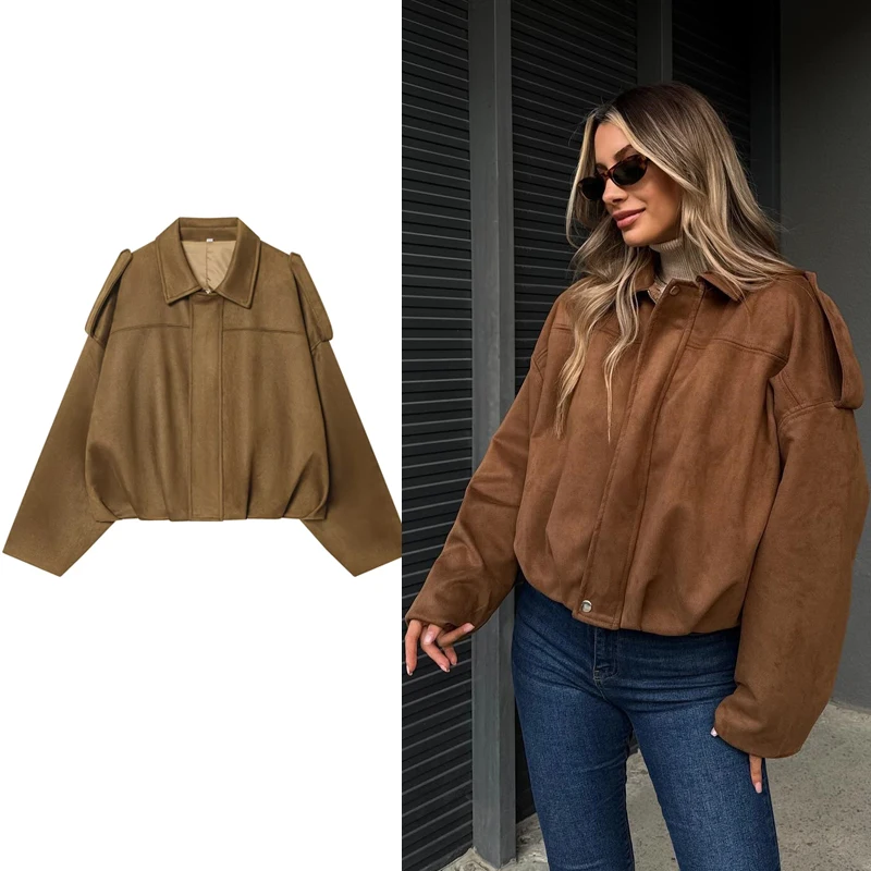 

Женская куртка-бомбер Верхняя одежда Демисезонные пальто с длинными рукавами Осенняя укороченная замшевая куртка на молнии Пальто больших размеров Женские пальто