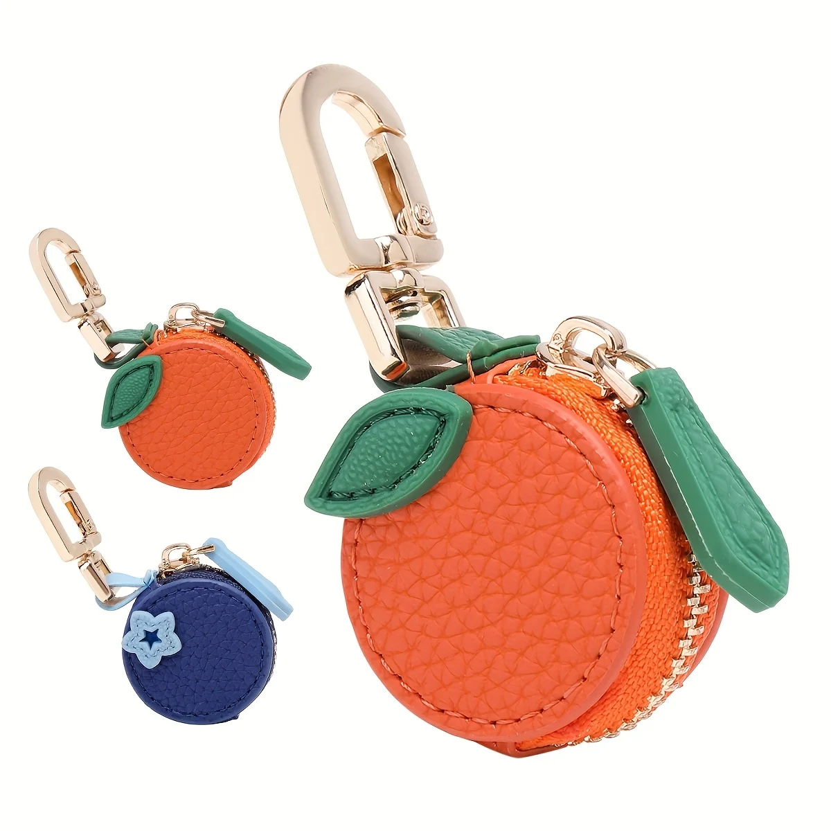 قطعة واحدة من محفظة النقود المعدنية ذات طابع الفاكهة مع سلسلة مفاتيح وسحاب للإغلاق وبطانة من البوليستر - تصميم برتقالي وأزرق لطيف، متين