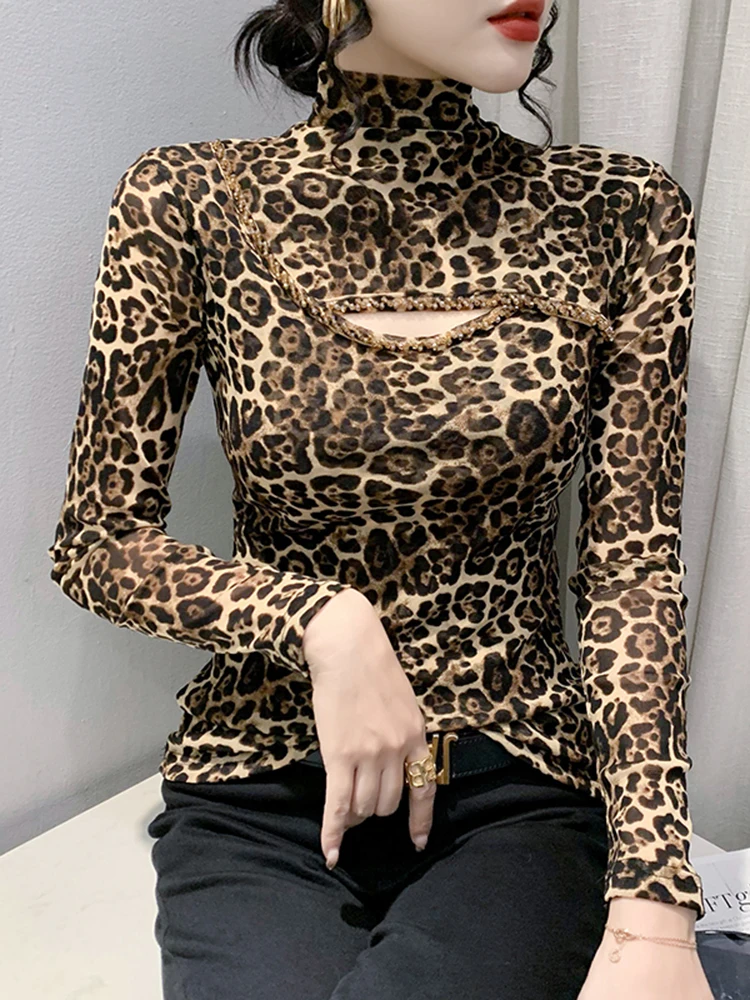 المرأة عالية الياقة Fce اصطف لي قاعدة irt طويلة Sve Faion ليوبارد طباعة T الأعلى سليم صالح ملابس داخلية تخفيف Sle