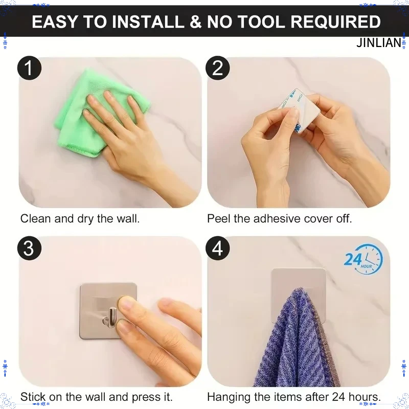 `Heavy‑Duty Stainless‑Steel Adhesive Wall Hooks Rustproof 3M Sticky Over‑Door Hook for Bathroom Kitchen Towel Coat Robe`