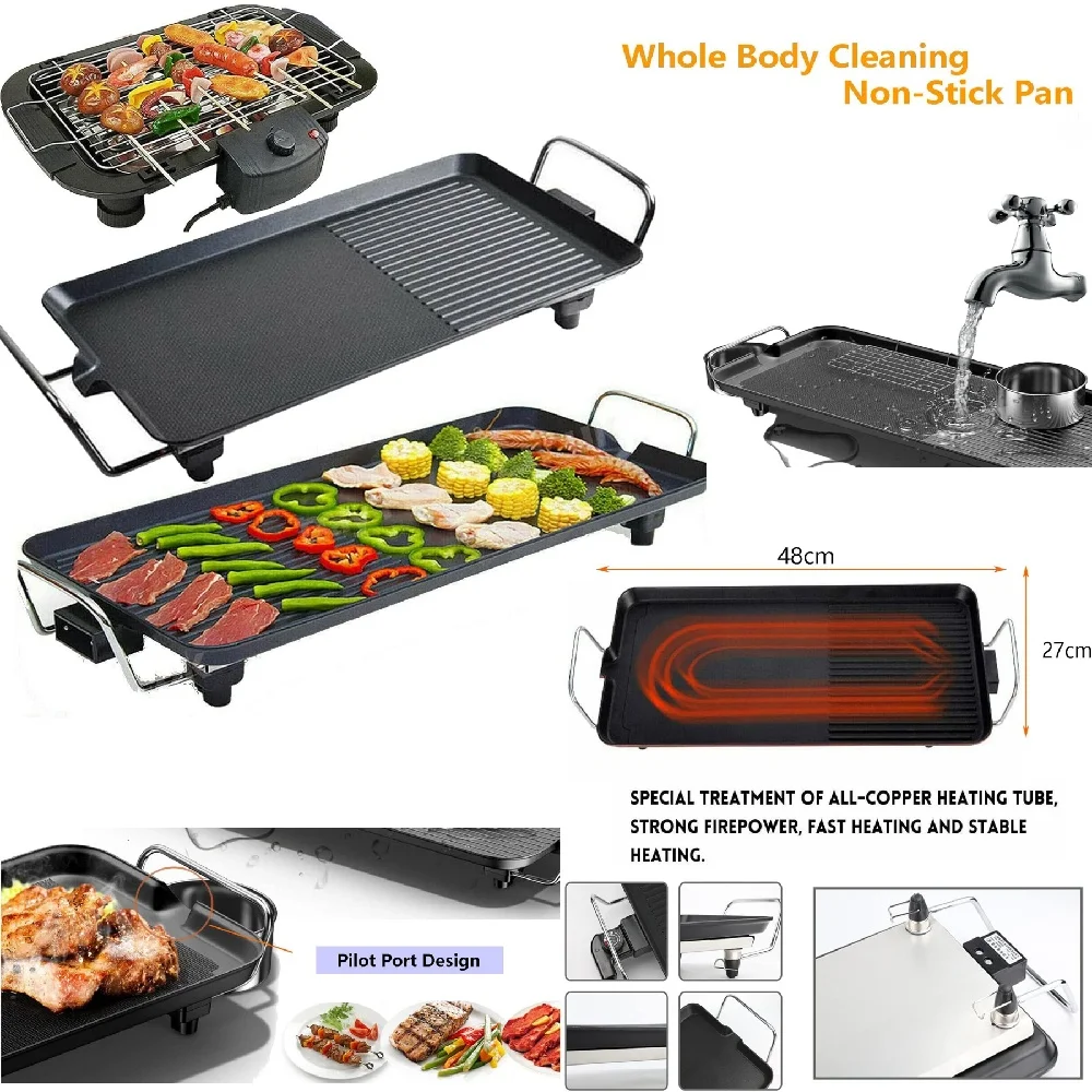 Electric Teppanyaki Grills Plate, Adjustable Temperature Table Top Non-Stick Barbecue Hot Plate for Kitchen Dinner Party Camping