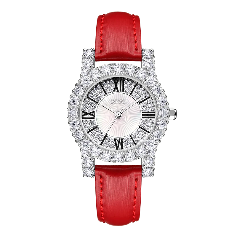 READ Ladies Quartz Watch | Red PU Band | Shell Dial | Roman Numerals | Decor Bezel | 30M Daily Water Resistant