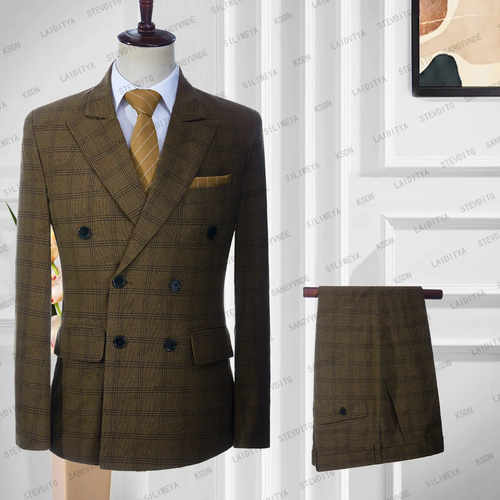 

2023 Fashion Men Casual Business Double Breasted Brown Linen Plaid Summer Groom Wedding Formal Dress Suit 2 Pcs Set Jacket Pants