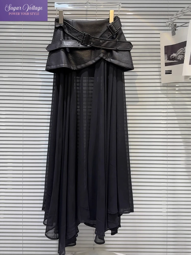 

Black Gothic Asymmetric Skirt High Waist PU Leather Skirts Women Mesh Patchwork Maxi Long Skirts Korean Punk Wrap Hip Skirt Fall