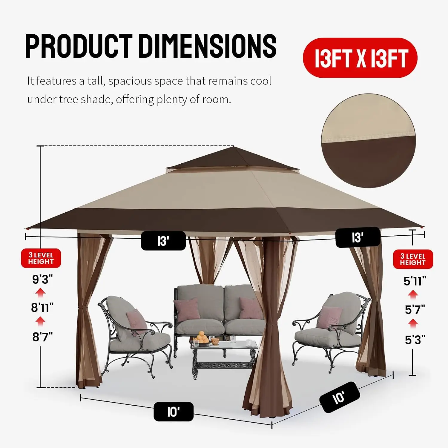 13x13 Pop Up Gazebo Canopy Tent for Patio Garden Outdoor Events, Beige & Coffee, Customized