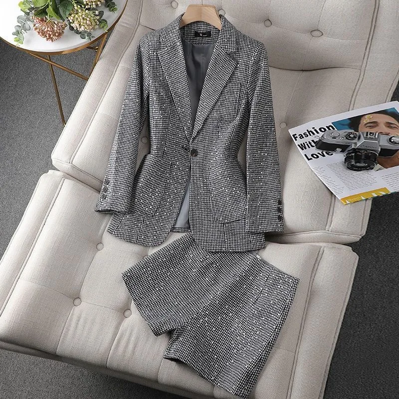 Spring Fall Plaid Sequins Suits Office Full Sleeve Blazer Jackets Conjuntos High Waist Short Pants Outfits Elegant 2 Pieces Sets