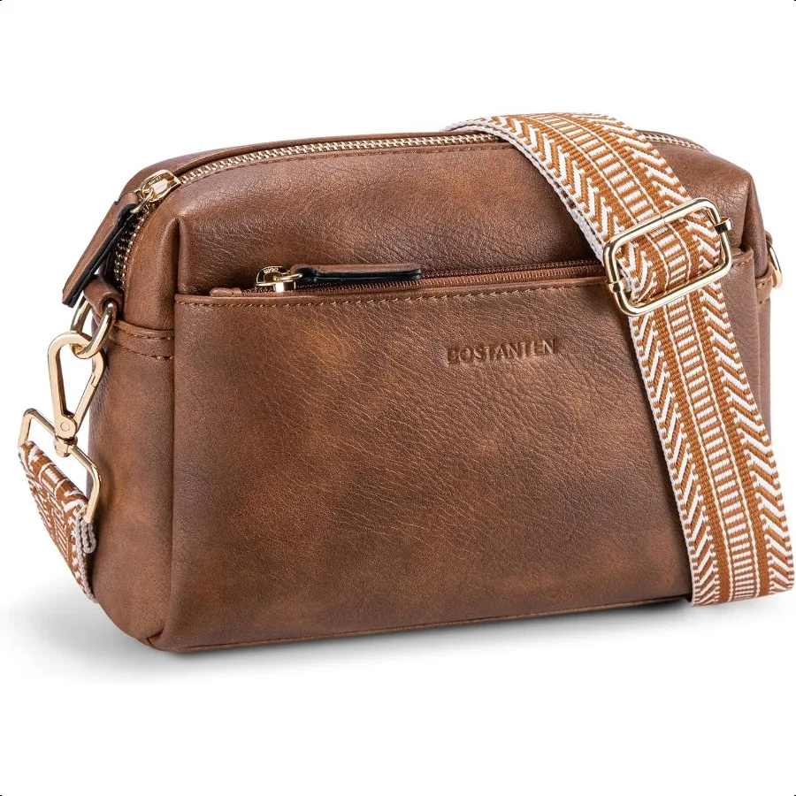 

BOSTANTEN Small Crossbody Purse for Women Triple Zip Cell Phone Leather Handbag with Colored Shoulder Strap