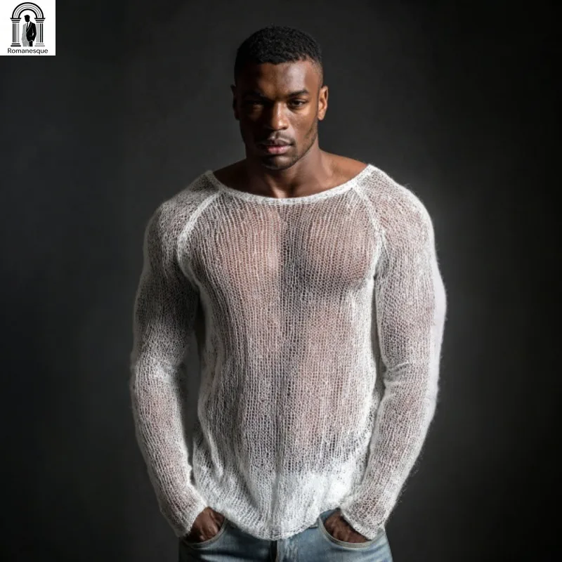 Men's Sheer Mesh Knit Long Sleeve Shirt Transparent See Through Sweater Summer Casual Beach Cover Up Tops For Men Streetwear
