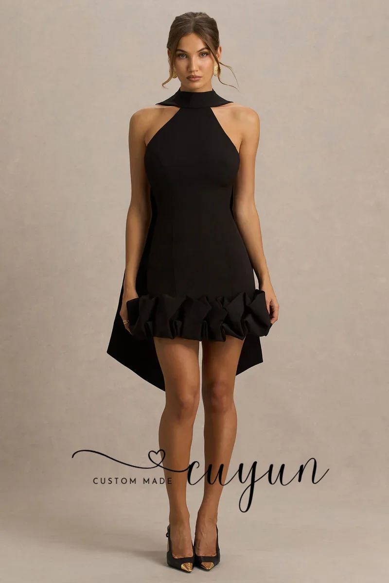 CUYUN Mini abiti da ballo neri personalizzati Halter Backless Pieghettato Night Club Abito da festa Donna Abiti per occasioni speciali Cena