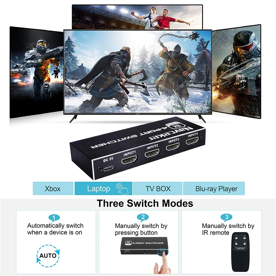 Navceker 8K HDMI 2.1 Switcher Selector 4K 120Hz HD Switch HDMI Splitter 4 In 1 Out 3 In 1 Out for laptop PC Switch TV Box PS5