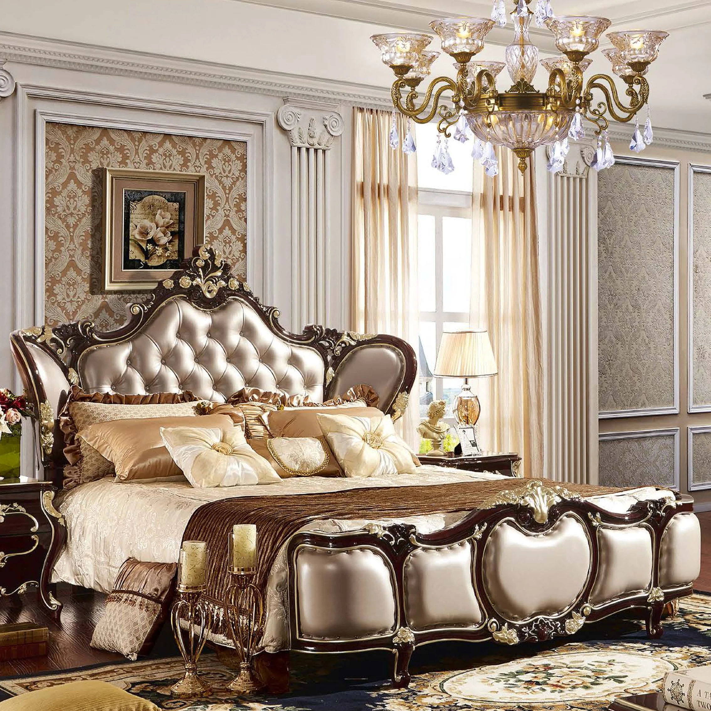 

For European Design Bedroom Bed Furniture French Royal Classic Carved Solid Wood Leather Queen king Size Single Double Bed