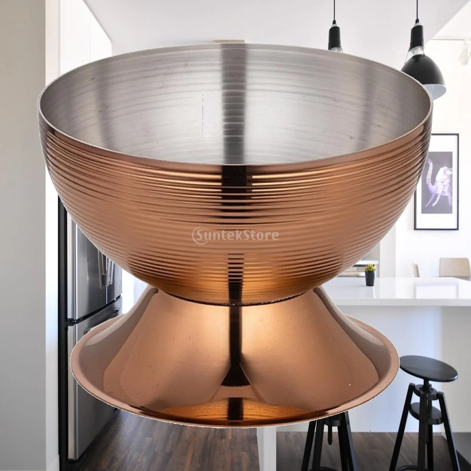 Rose-Gold Stainless Steel Pedestal Serving Bowl Reflective Ribbed Metal Sashimi Bowl for Home Entertaining, Catered Events