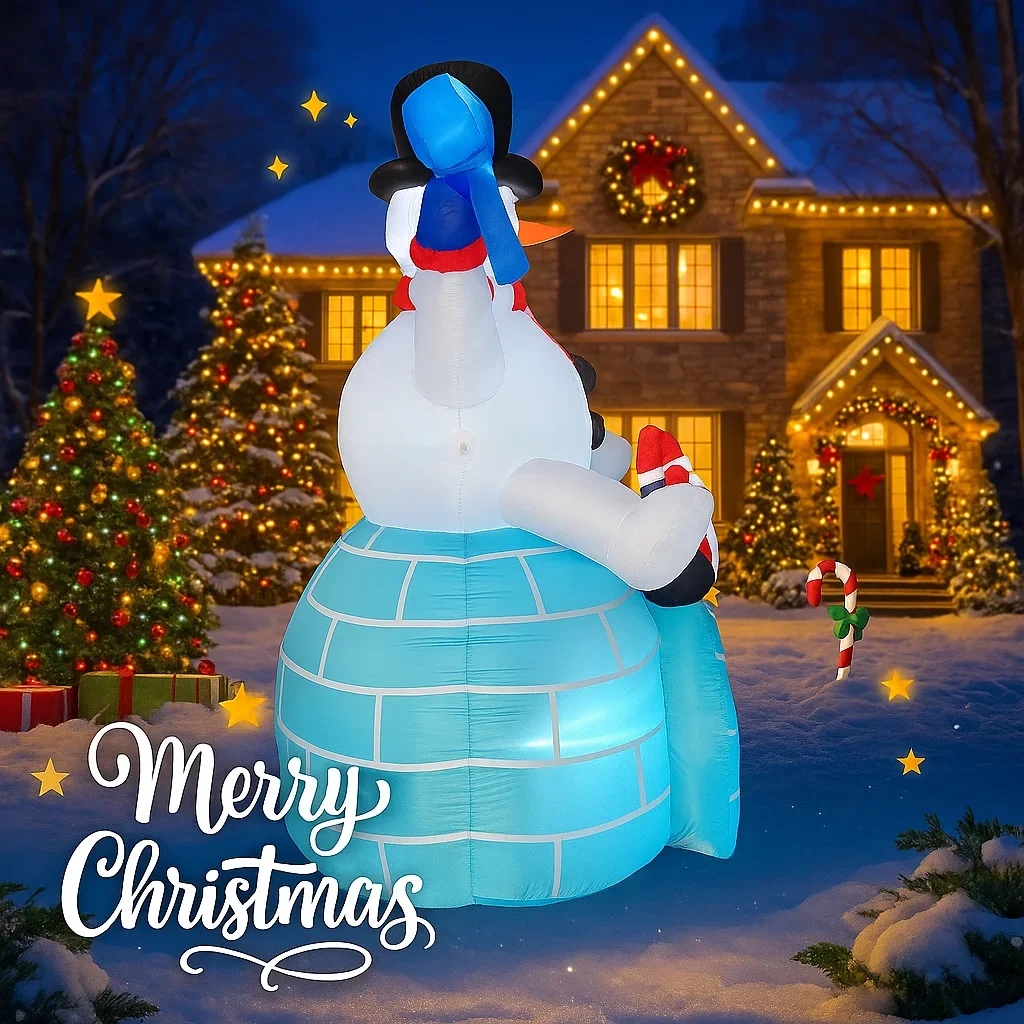 Giocattolo gonfiabile gigante da 5,91FT Pupazzo di neve Pinguino Igloo Forniture natalizie per luci a LED da giardino Decorazioni natalizie Ornamenti per la casa Regali festivi
