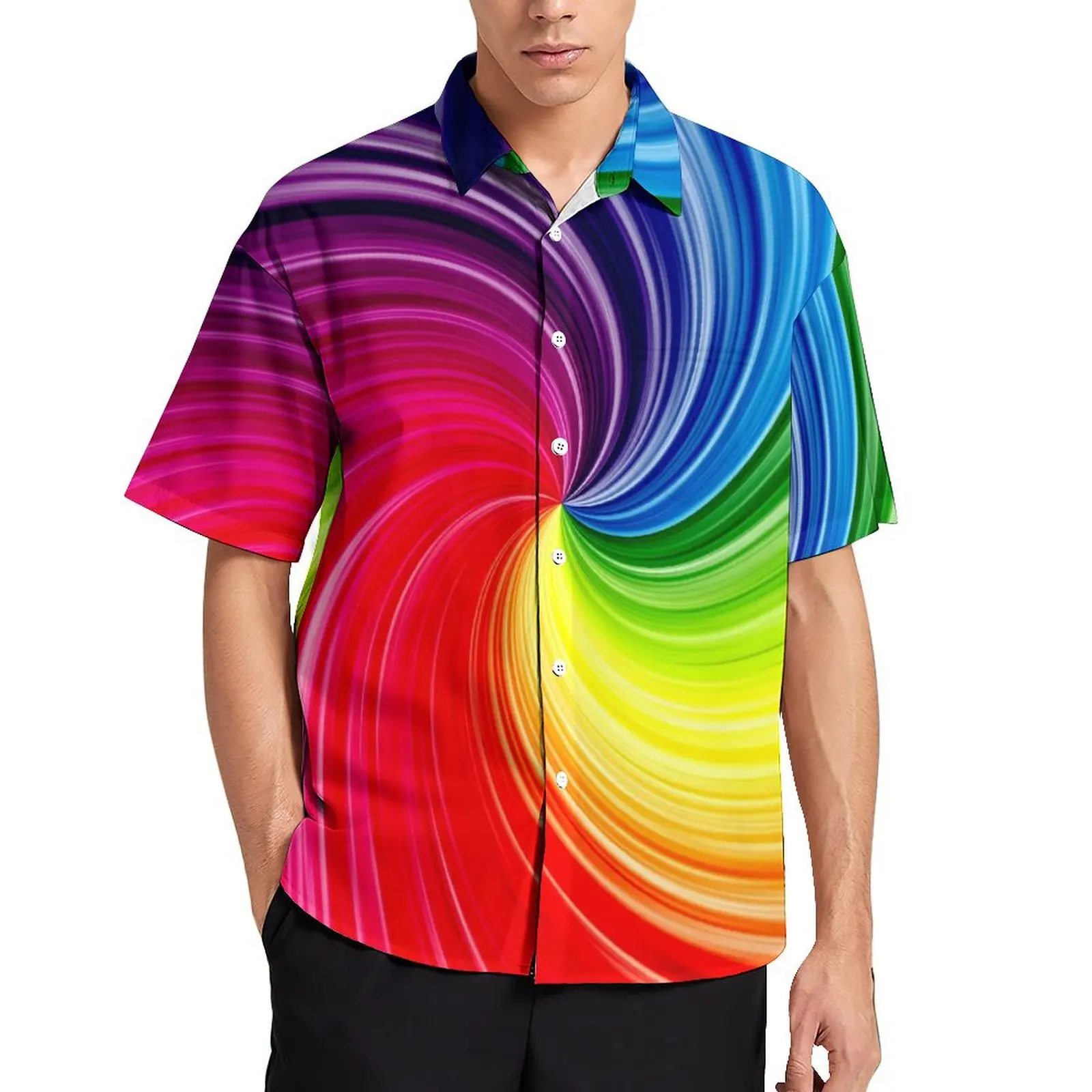 

Abstract Rainbow Beach Shirt Male Spectral Twirl Retro Y2K Casual Shirts Hawaiian Short Sleeve Stylish Custom Oversized Blouses