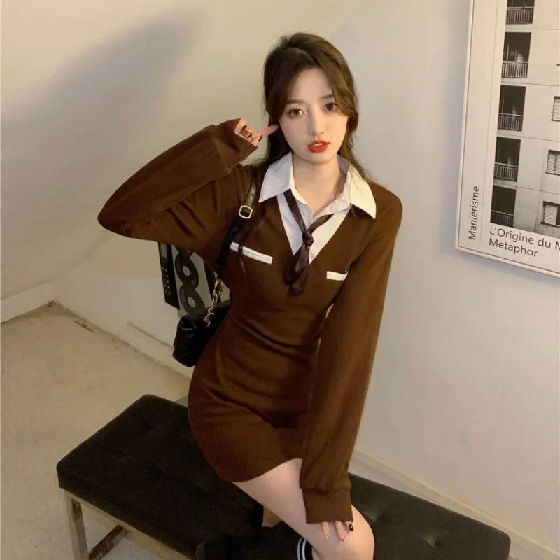 Women Korean Fashion Preppy Style Patchwork Fake Two-piece Shirt Dress Y2K Sexy Sweet Female Long Sleeve Bodycon Club Mini Dress