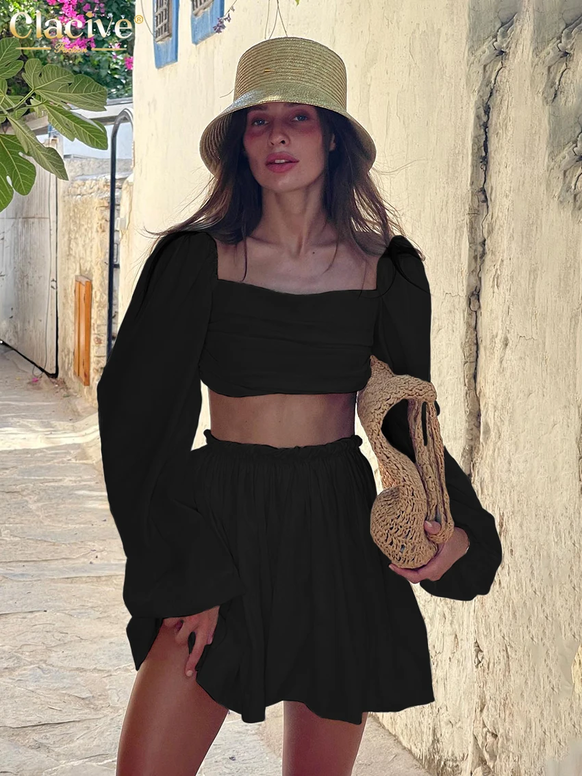 Clacive Sexy Beige Leinen Frauen Zwei Stück Outfits 2023 Mode Puff Hülse Crop Shirts Mit Hohe Wasit Mini Rock Sets weibliche
