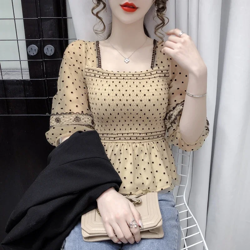 New Fashion Summer Vintage Blouses Women 2024 Sexy Korean Casual Polka Dot Printed Chiffon Blouse Ladies Slim French Corset Top