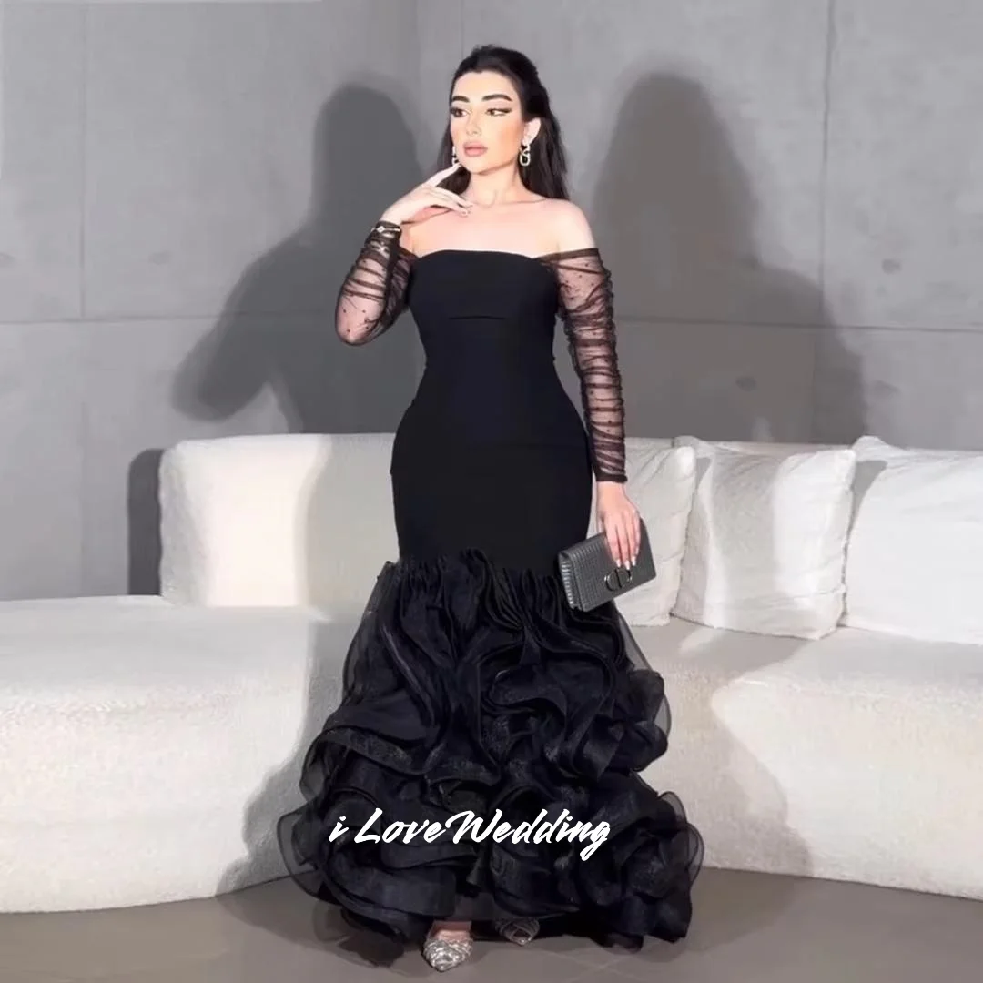 

Black Strapless Evening Dress 2025 Long Sleeve Mermaid Multi-Layered Ruffles Floor-Length Pleated Wedding Party Dress Customized