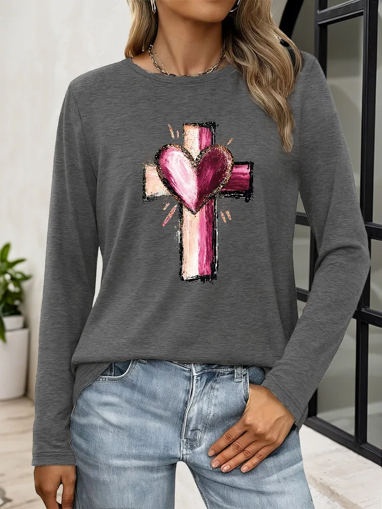 T-Shirt à manches longues et col ras du cou pour femme, décontracté, imprimé croix blanche et rose, Y2K, tissu mélangé respirant, pour printemps et automne