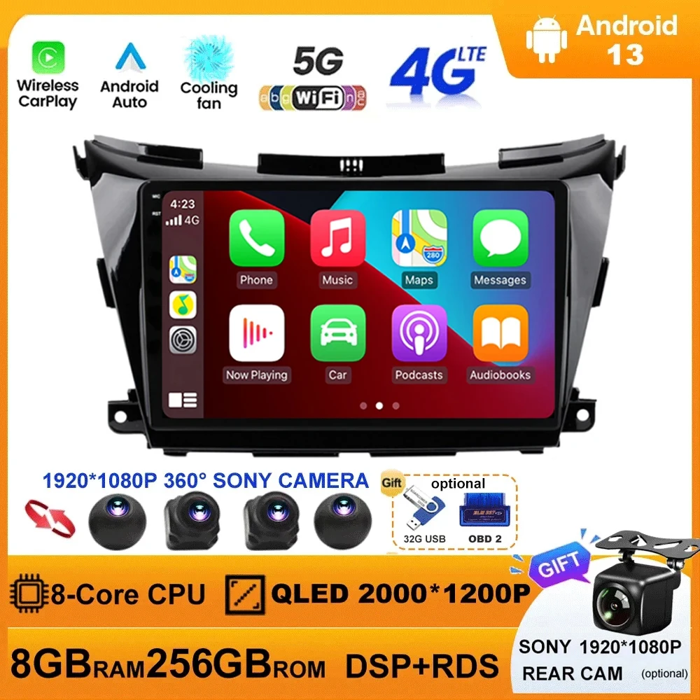 

Android 13 For Nissan Murano Z51 2008 - 2016 GPS Navigation DSP Wireless Carplay 5G WIFI Car Radio Multimedia Player 360 Camera