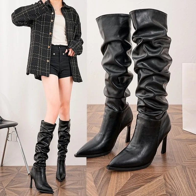 

Women Over The Knee Boots High Heels Patent Leather Solid Pointed Toe Stiletto Side Zipper Sapatos Femininos Plus Size 41 42 New