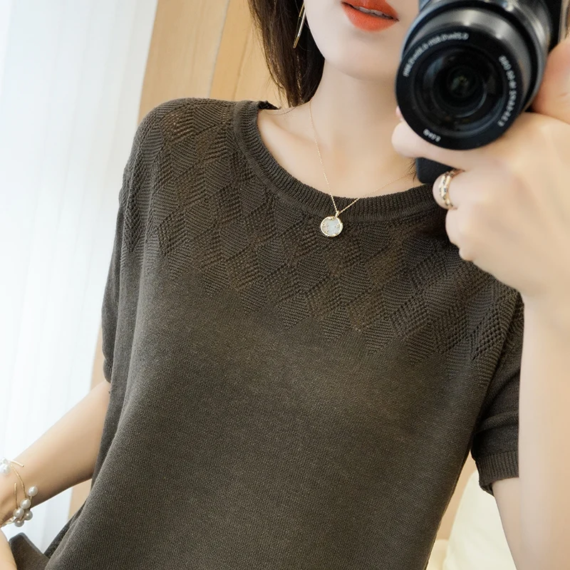 المرأة تي شيرت صيف جديد 100% القطن محبوك قصيرة الأكمام عادية الجوف خارج بلوزة ملابس السيدات O البلوز تيز فضفاض القمم