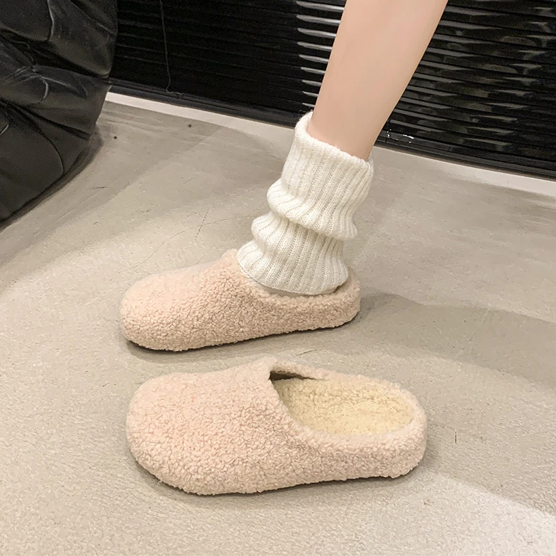 Women's Baotou Slippers Winter New Round Head Deep Mouth Suede Soft Sole Anti-slip Wear-resistant Flat Woolen Shoes