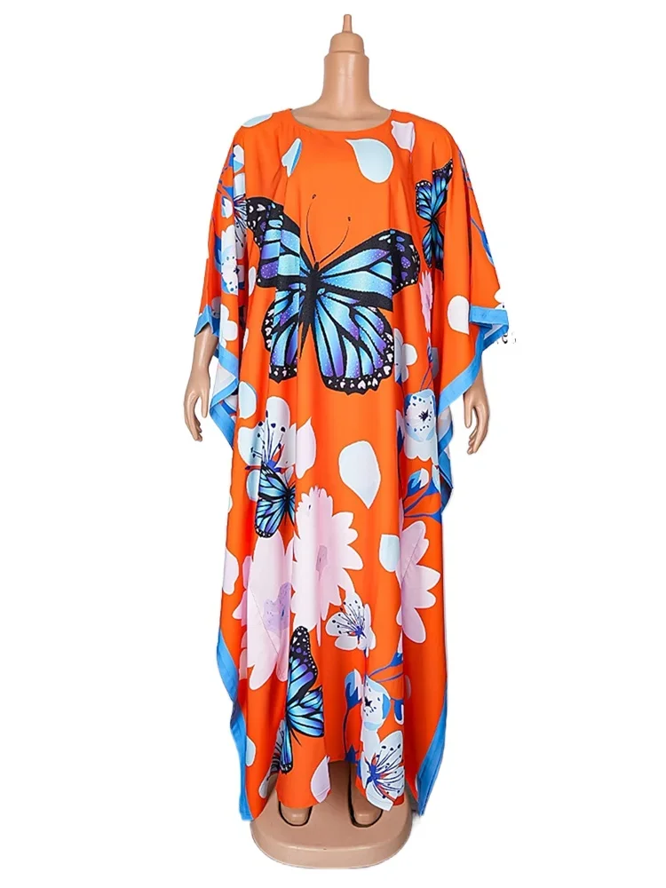 

2024 Autumn Women Chiffon Dresses African Dashiki Print Maxi Robe Wedding Party Evening Dress Batwing Sleeve Boubou Clothing