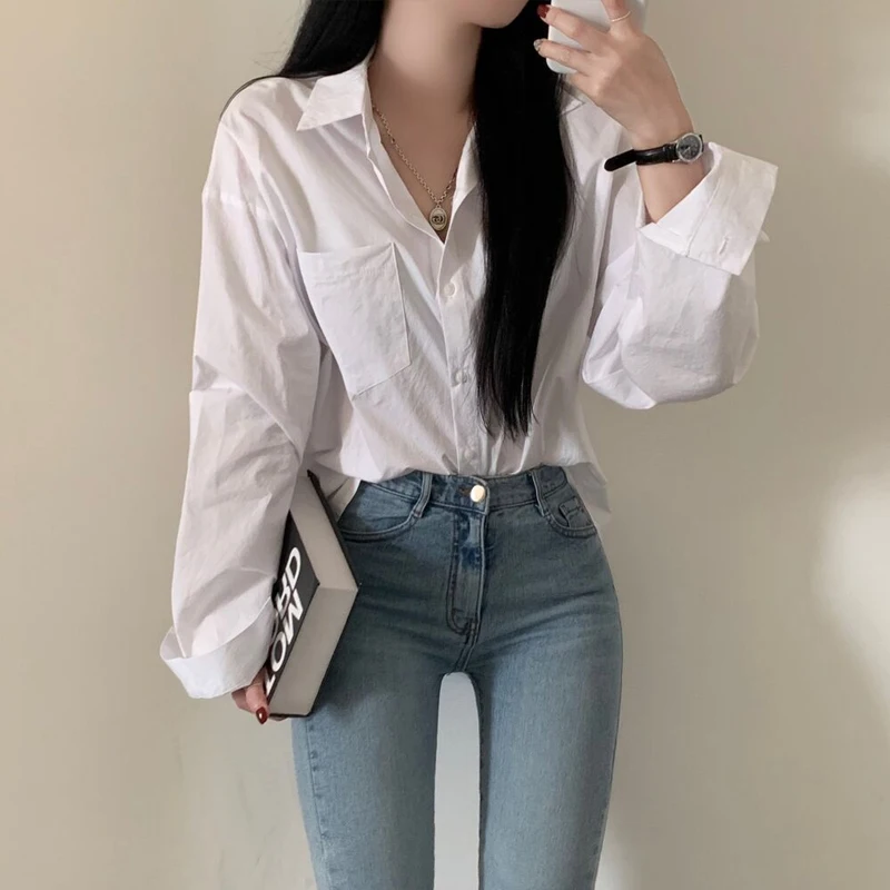 2024 Long Sleeve Office Women Shirt Lapel Casual Loose Blouse With Pocket Spring Autumn New Ladies Simple Blue Tops Mujer 8306#