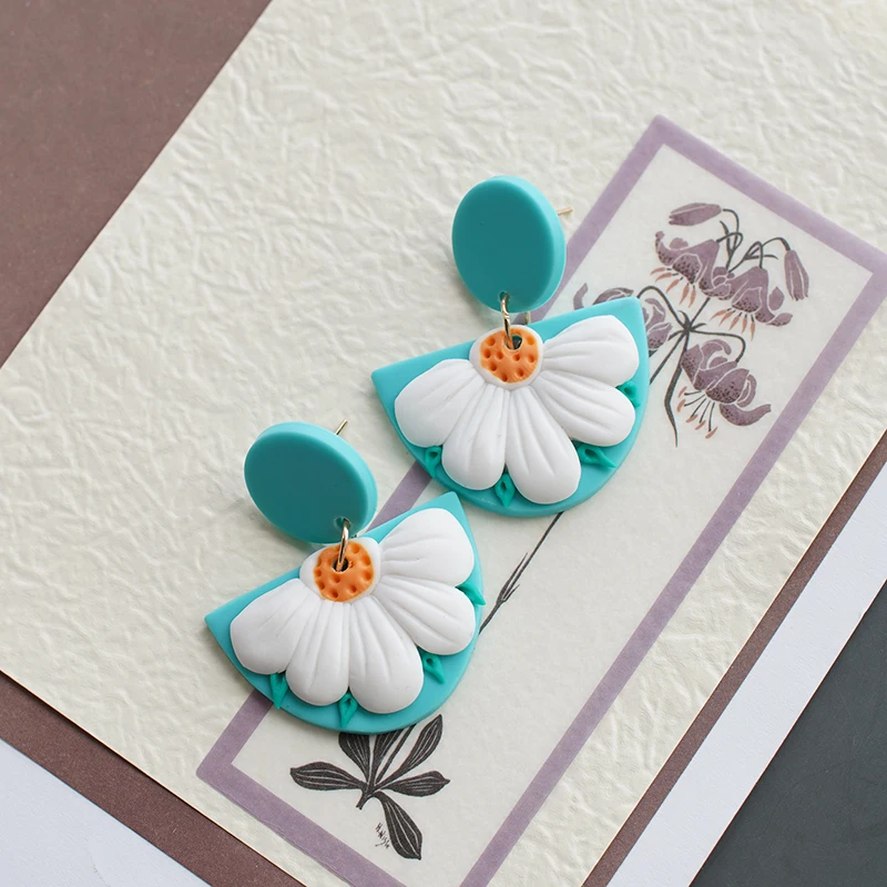 Spring Vintage Ethnic Polymer Clay Sector Half Flower Earrings Set Bright Multi Colors Handmade Dangle Jewelry for Party Wear