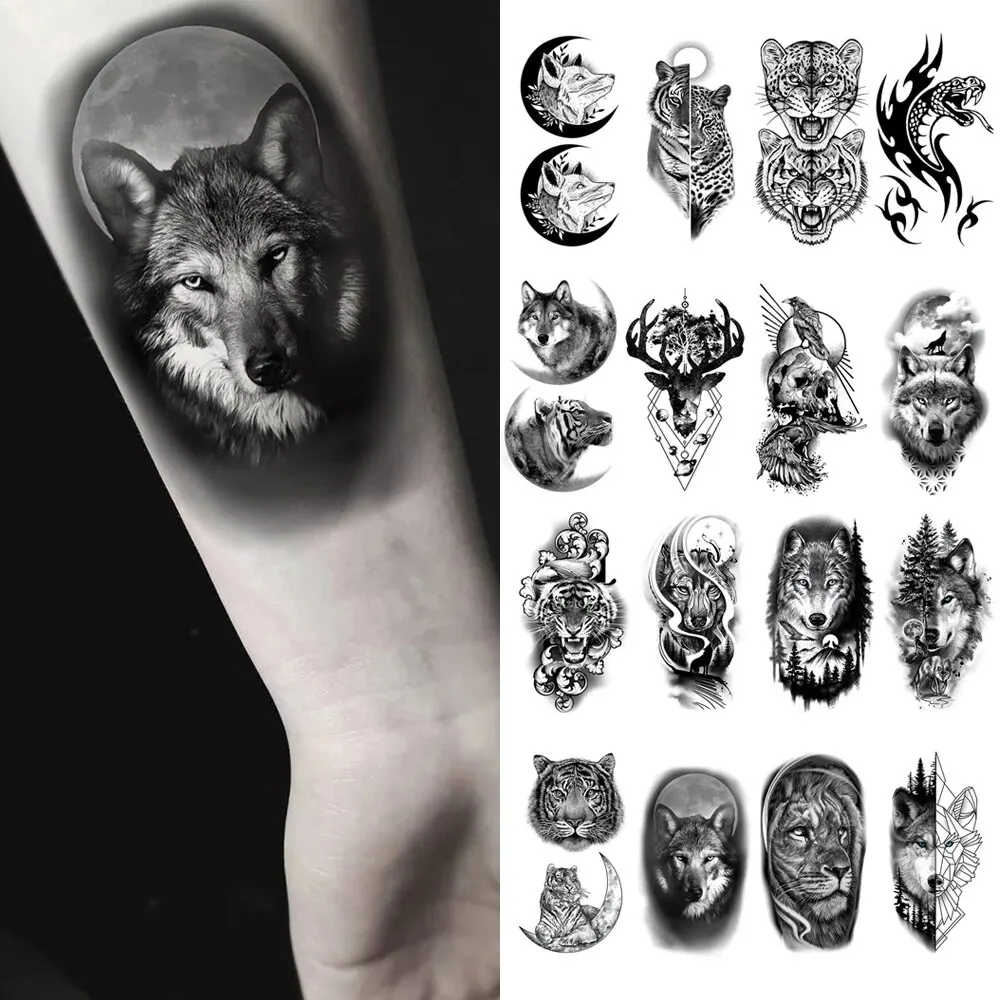 10pcs Waterproof Temporary Tattoo Sticker Dark Wolf Lion Tiger Eagle Snake Deer Skeleton Scorpion Body Art Arm Tattoo Women Men