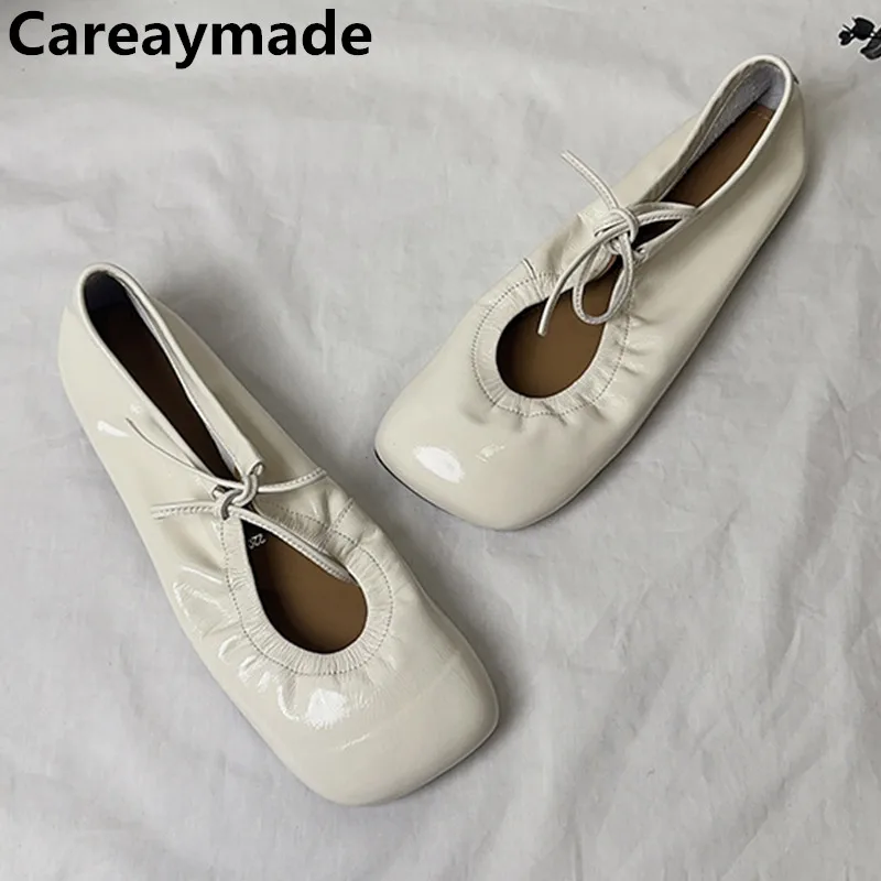 Careaymade-Genuine leather women's shoes,simple gentle lacquered cowhide leather lace up soft fresh delicate ballet flat shoes