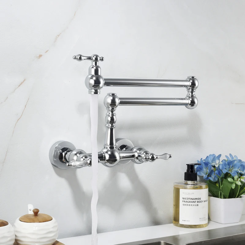 Wall Mounted Dual Hole Kitchen Folding Sink Faucet Rotatable Stove Pot Filler Faucets Two Handle Hot and Cold Mixer Tap Chrome