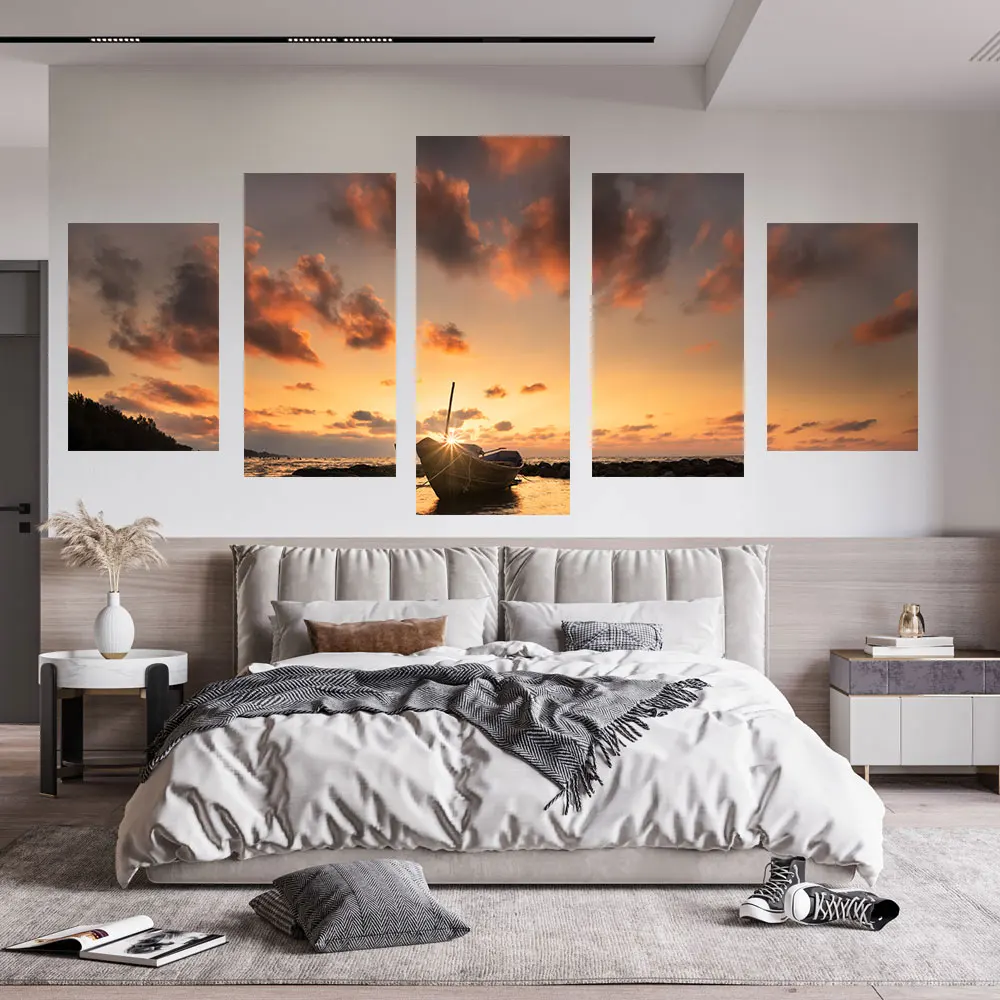 

Modern Style Boats At The Beach 5 Panel Decorative Sunset Picture Print Canvas Painting Posters for Room Home Wall Decor Cuadros