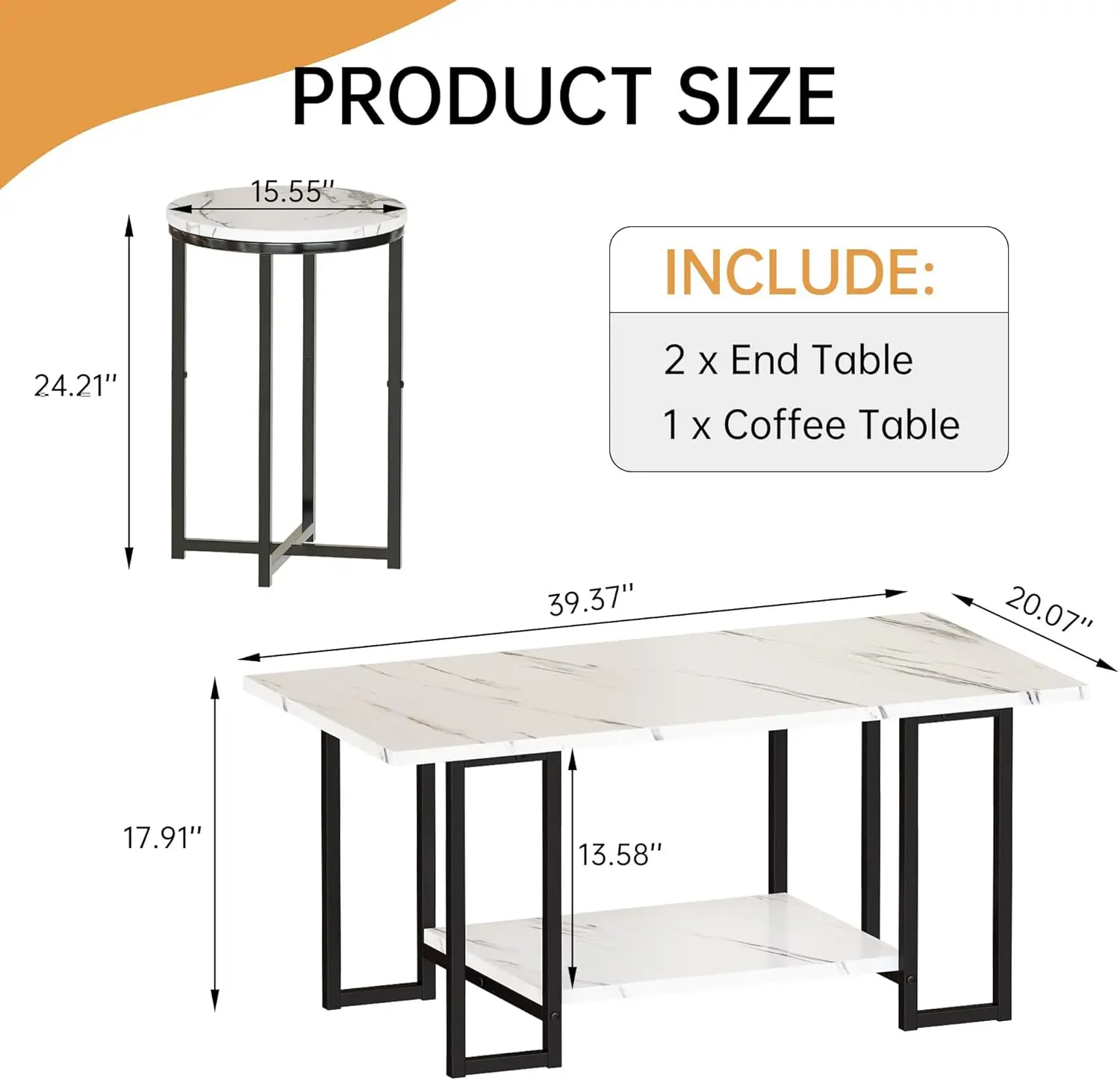 Coffee Table Set of 3, Faux Marble Coffee Table with 2 Round End Side Tables, Modern Living Room Table Set with Metal Frame