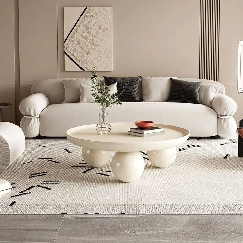 Creamy Round Coffee Table for Small Space, Carbon Steel Center Piece, Stable Thick Leg, Anti Knock Furniture for Living Room