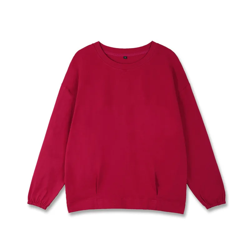 New Women'S Fashion Elastic Long Sleeve Top Spring Autumn Round Neck Solid Color Casual Middle Aged Mom Loose Shoulder T-Shirt