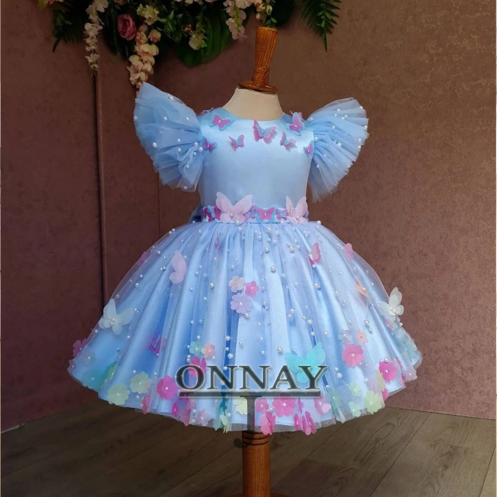 

Customized Lovely Butterfly Flower Girl Dress Pearls Wedding Party Gown for kids Pageant Communion Robe De Demoiselle Drop Ship