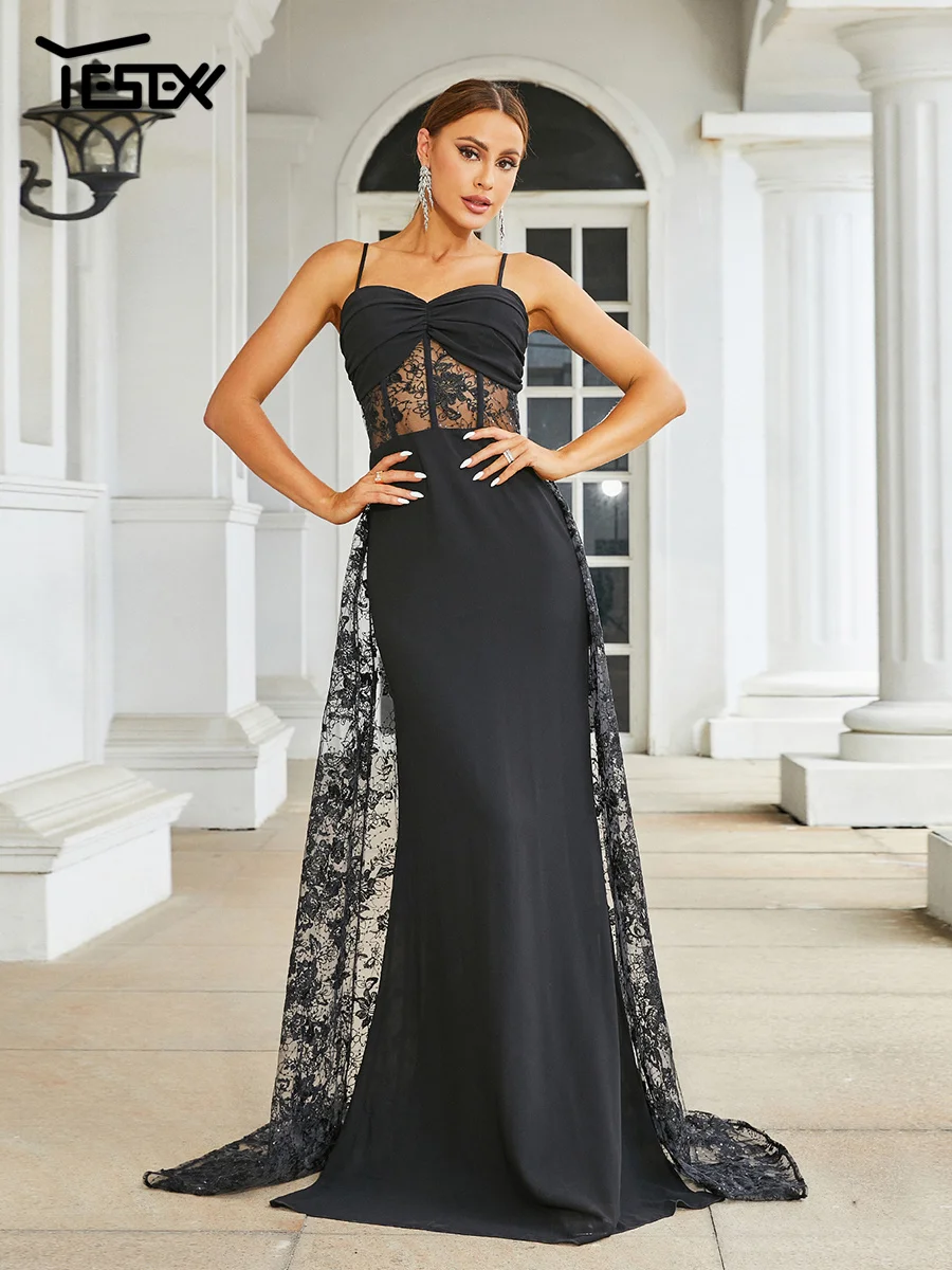 Yesexy 2024 Black Spaghetti Mermaid Evening Formal Occasion Wedding Birthday Party Mesh Dress