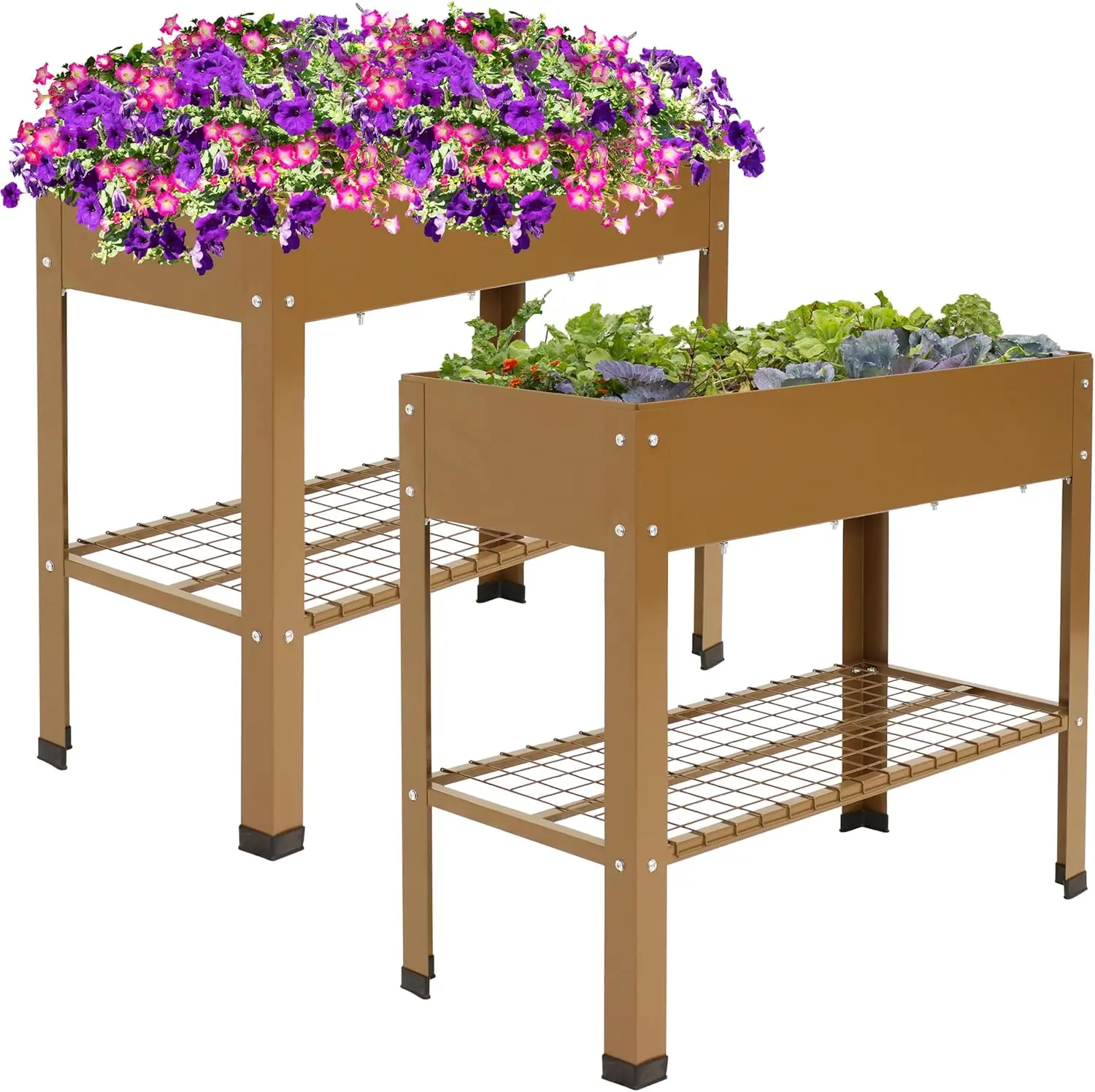 Sunnydaze Galvanized Steel Raised Garden Bed - Set of 2 Elevated Planter Boxes - Individual or Connected Use - Features Lower Storage Shelf - Brown
