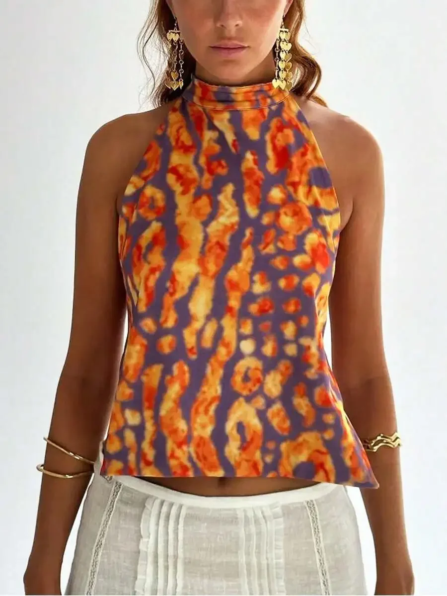 

Women Halter Mock Neck Crop Top Tie Dye Sleeveless Backless Summer Party Streetwear