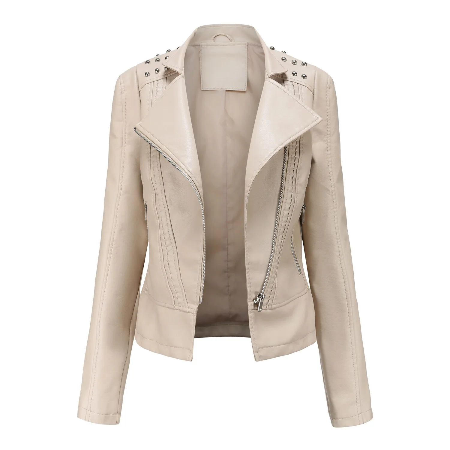 Chaqueta de moto con cremallera de manga larga para mujer, chaqueta de cuero informal, ropa sencilla y de moda, Otoño e Invierno